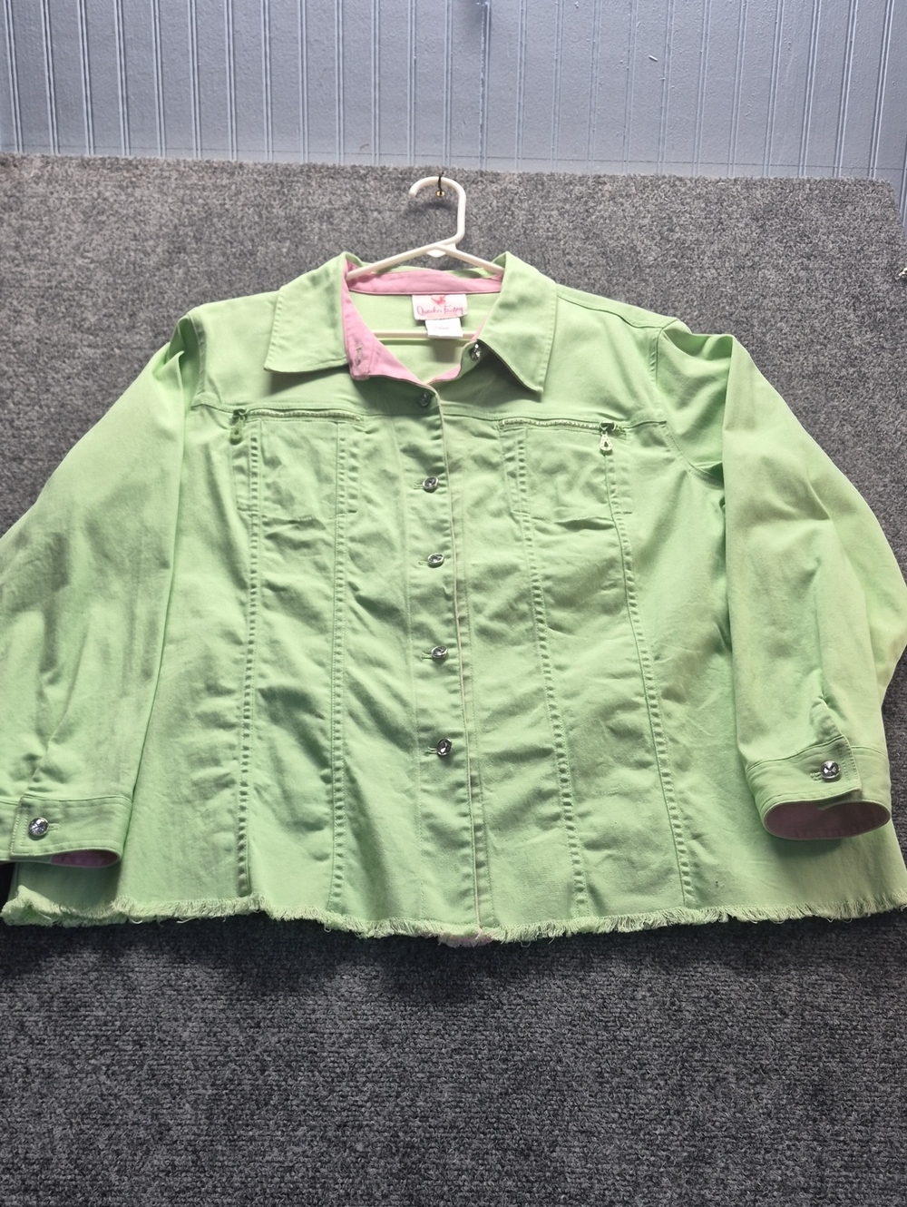 Quacker Factory Light Green Jean Jacket with Pink Trim